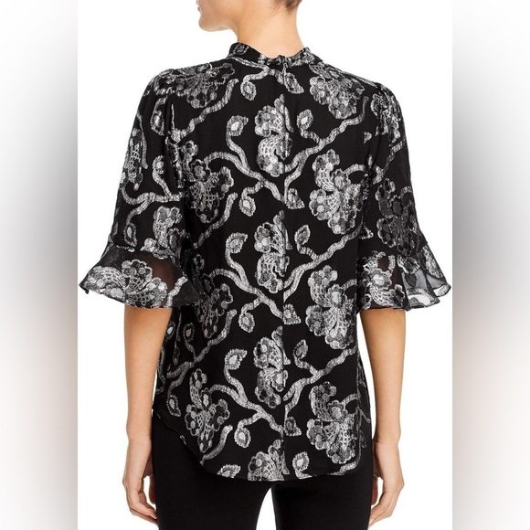 Rebecca Taylor Silk Blend Black Silver Lurex Metallic Bell Sleeve Blouse Size 8 - Picture 3 of 17